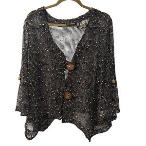 Nina Leonard Black Mesh Cardigan Shawl Wrap Sz 2X Wooden Buttons